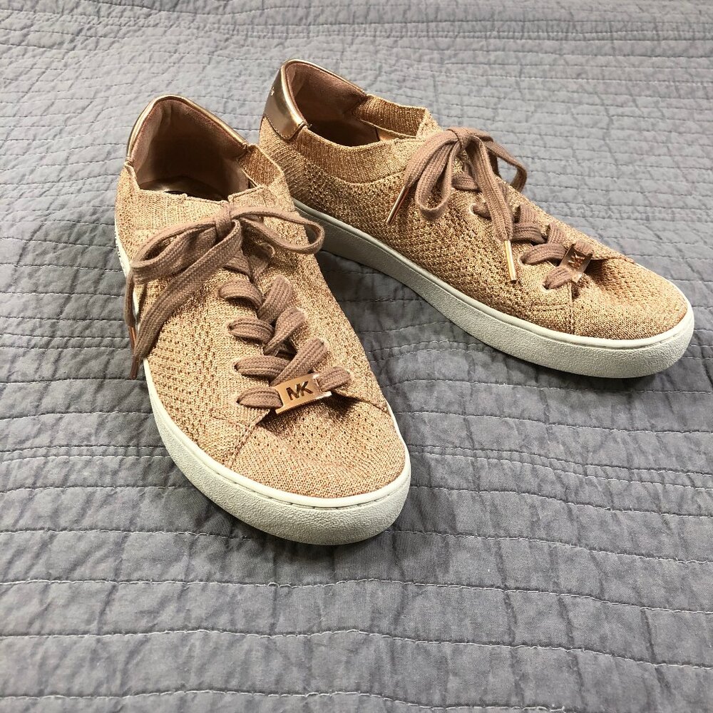 Michael Kors Sneakers Women 8.5 Skyler Metallic Fabric Lace Up Rose Gold